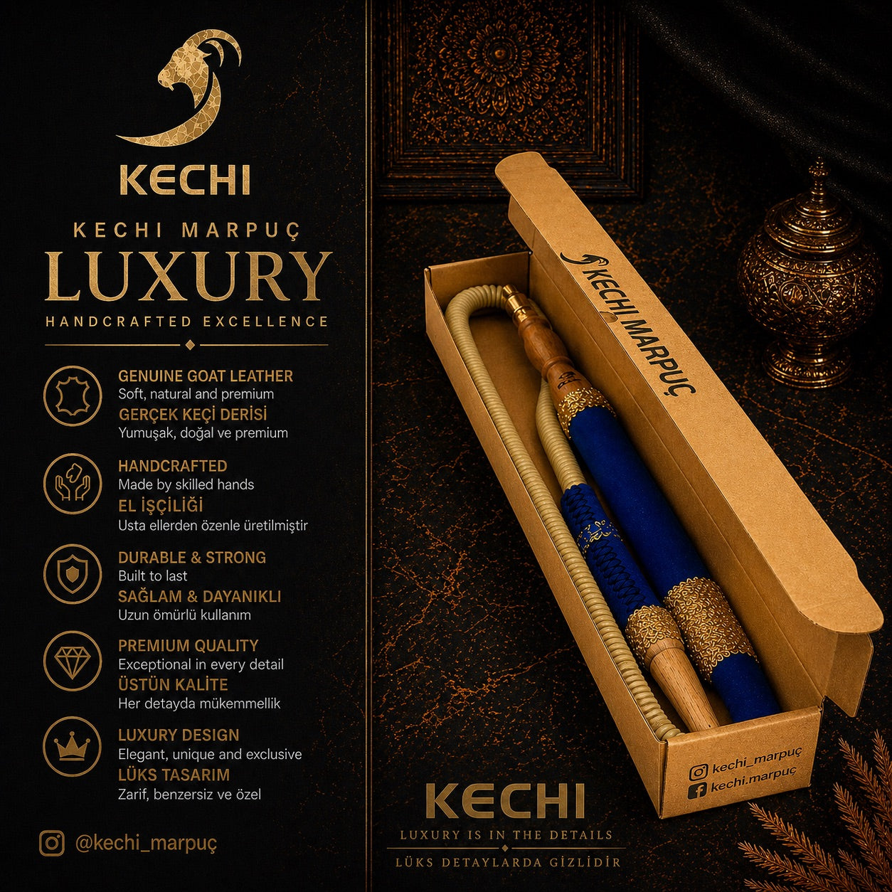 KECHI Luxury gerçek keçi derisi el yapımı premium nargile marpucu